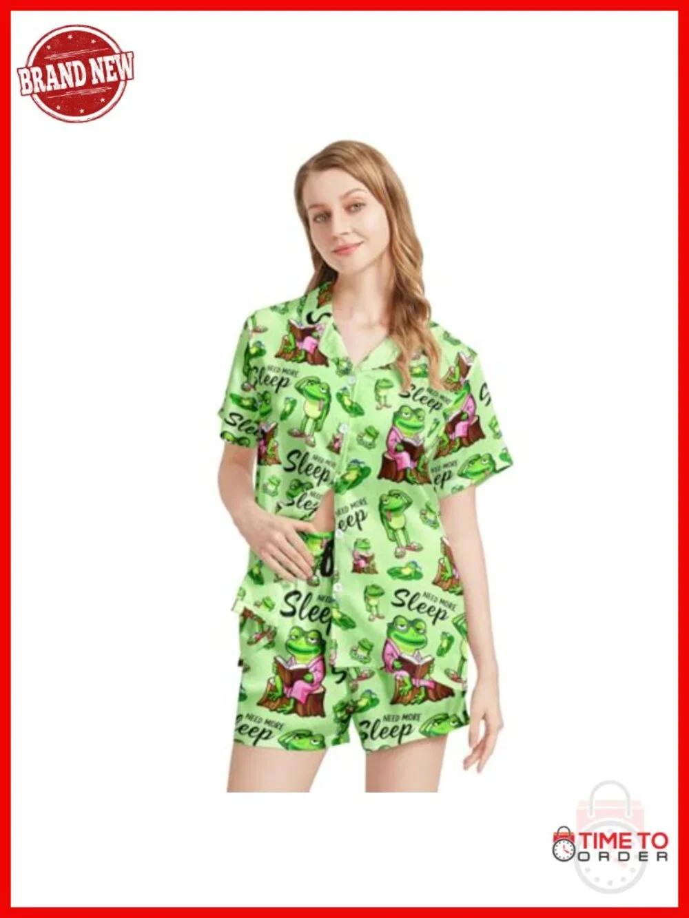 Funny Frog Print Pajama Set Short Sleeve Button Down Sleepwear Lounge Set